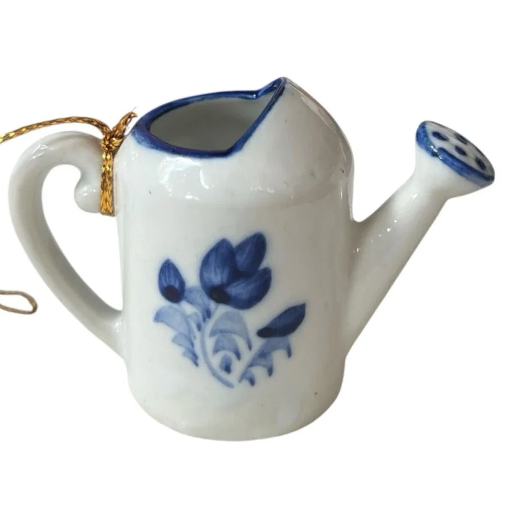 Williams Sonoma Porcelain Watering Can Hand Painted Thailand Christmas Ornaments